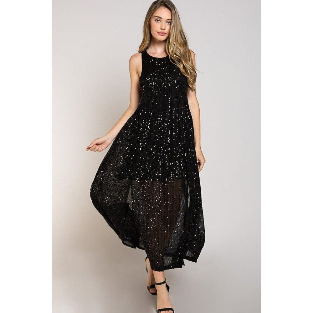 POL CLOTHING Jet Black SEQUIN Gown Dress Cocktail Dinner Party Sparkly SMD234 - Picture 4 of 9